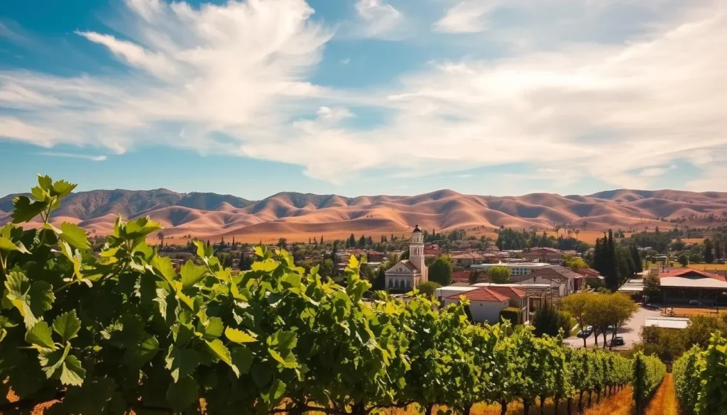 A sun-dappled scene of Temecula, California on a picturesque day. In the foreground, a lush vineyard with rows of verdant grapevines, their leaves gently swaying in a light breeze. The middle ground showcases the charming town, with its historic buildings and quaint, tree-lined streets. In the background, the rolling hills of the Temecula Valley rise up, their slopes bathed in a warm, golden light. The sky is a brilliant azure, with wispy clouds drifting lazily overhead. The overall mood is one of tranquility and natural beauty, perfectly capturing the weather-savvy allure of this idyllic California destination.