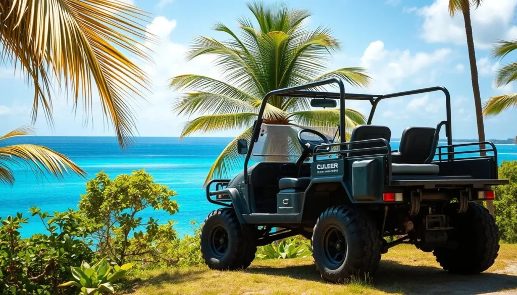 A sun-dappled scene of a rugged golf cart-jeep hybrid rental on the lush, tropical island of Culebra. The sturdy vehicle stands at the ready, its chunky tires and lifted chassis hinting at its off-road capabilities. In the middle ground, swaying palm trees and vibrant foliage frame the scene, while the distant azure waters of the Caribbean Sea shimmer in the background. Warm, natural lighting bathes the entire composition, creating a welcoming, adventurous atmosphere perfect for exploring Culebra's winding roads and hidden beaches.