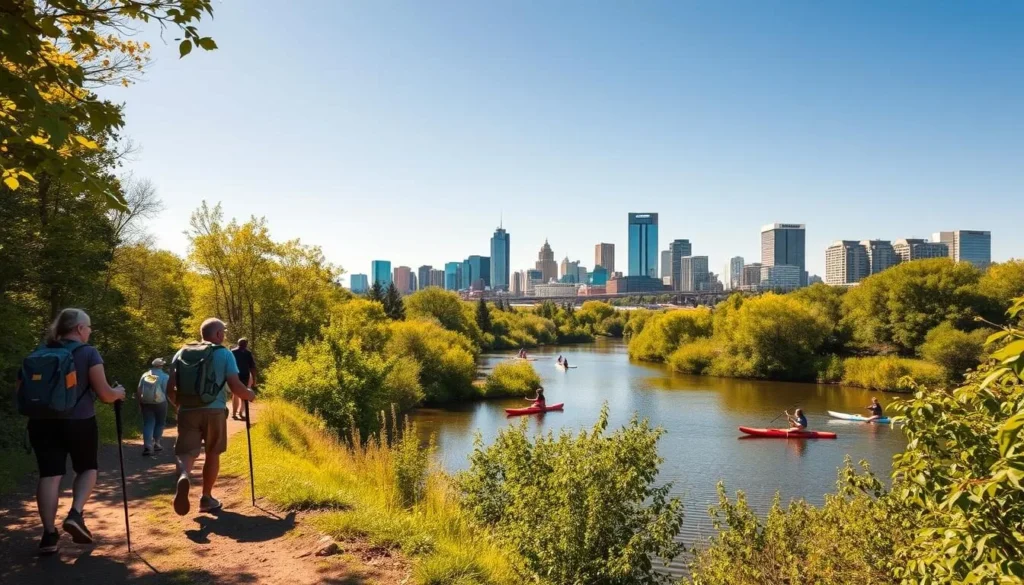 A sun-dappled scene of outdoor adventure in Des Moines, Iowa. In the foreground, hikers traverse a winding woodland trail, backpacks and hiking poles in hand. The middle ground features a glistening lake surrounded by lush green foliage, with kayakers and stand-up paddleboarders gliding across the tranquil waters. In the distance, the iconic skyline of downtown Des Moines rises, its sleek skyscrapers and historic buildings bathed in warm, golden light. The atmosphere is one of peaceful exploration, with a sense of connection to nature and the vibrant urban landscape. Crisp, clean lighting illuminates the scene, captured through a wide-angle lens to showcase the diverse outdoor offerings of this Midwestern gem.