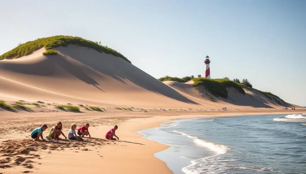 A sun-dappled scene of the Indiana Dunes National Park, showcasing its family-friendly splendor. In the foreground, a group of children playfully build sandcastles along the gently lapping waves of Lake Michigan. Towering dunes, capped with lush greenery, rise in the middle ground, casting soft shadows across the golden sands. In the distance, a lighthouse stands as a iconic landmark, its beacon guiding visitors towards the park's diverse natural wonders. The scene is bathed in warm, golden light, creating a tranquil and inviting atmosphere, perfect for a day of outdoor exploration and quality time with loved ones.