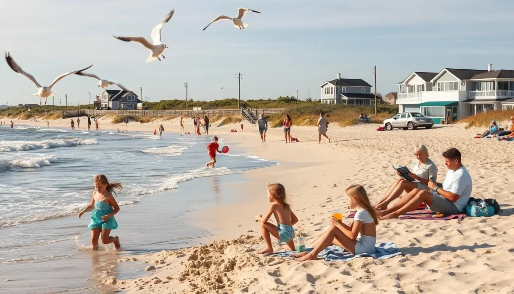 A sun-dappled scene on Fire Island, where families frolic in the gentle surf, building sandcastles and flying colorful kites. In the foreground, children playfully chase seagulls, their laughter carried on the salty breeze. The middle ground features parents lounging on beach towels, sipping lemonade and reading magazines, while older siblings toss a Frisbee. In the background, the iconic wooden boardwalk winds through a lush dune landscape, leading to a classic seaside town with quaint cottages and ice cream shops. Warm, golden light bathes the entire tableau, evoking the timeless charm of a family-friendly summer retreat.