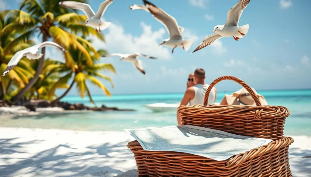 A sun-dappled, scenic beach on the idyllic island of Great Exuma, Bahamas. In the foreground, a wicker picnic basket and map lie open, hinting at a day of exploration. Seagulls soar overhead, casting shadows on the pristine, white sand. In the middle ground, a pair of adventurous travelers gaze out at the turquoise waters, planning their itinerary for the day's activities. The background features lush, swaying palm trees and a cloudless, azure sky, radiating a sense of tranquility and adventure. Warm, natural lighting creates a dreamy, postcard-worthy atmosphere, inviting the viewer to join in the day trip planning.