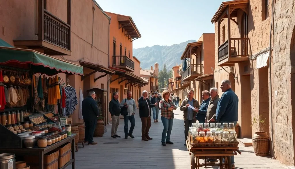 A sun-dappled street in a quaint Azerbaijani town, with traditional mud-brick houses and ornate wooden balconies lining the sidewalks. In the foreground, a vendor's cart displays an array of local handicrafts and spices, inviting passersby to explore the rich cultural heritage. The middle ground features a group of locals engaged in lively conversation, gesturing animatedly as they share their insights on the best places to visit and the must-try dishes. In the background, the silhouette of a majestic mountain range rises, hinting at the breathtaking natural landscapes that await the intrepid traveler. The scene is bathed in warm, golden light, conveying a sense of welcoming and discovery.