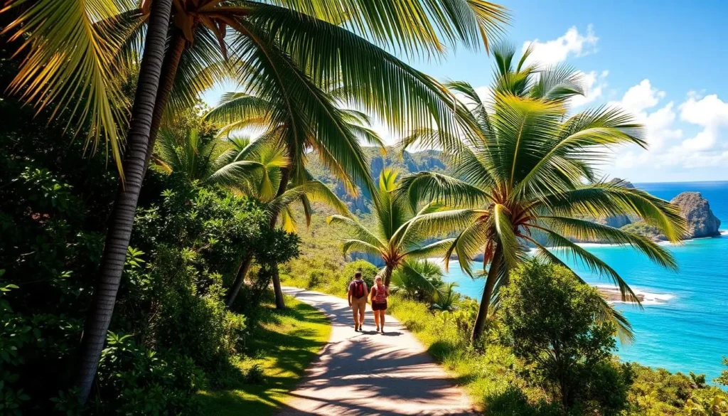 A sun-dappled trail winds through lush tropical foliage, leading towards the azure waters of the Southeast Shore of Cayman Brac. Towering palm trees sway gently in the breeze, casting soft shadows on the well-maintained path. In the distance, rugged limestone cliffs rise up from the sparkling Caribbean Sea, their craggy faces bathed in warm, golden light. Hikers leisurely make their way along the trail, taking in the breathtaking views and the salty ocean air. The scene exudes a sense of peaceful tranquility, inviting the viewer to join in the serene island adventure.