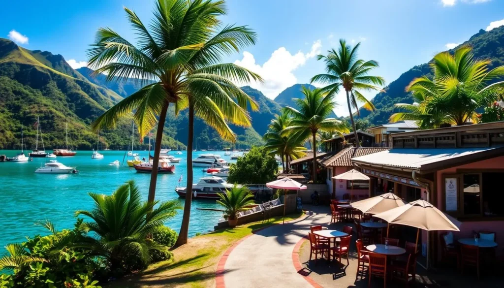 A sun-dappled, tranquil harbor in Marigot Bay, St. Lucia. Brightly colored wooden boats sway gently in the turquoise waters, their hulls reflecting the lush, verdant hills that rise up on either side. Lush palm trees sway in the light ocean breeze, casting dappled shadows on the quaint seaside buildings. In the foreground, a path leads to a cozy café, its outdoor tables filled with locals and tourists enjoying the warm Caribbean atmosphere. Soft, natural lighting illuminates the scene, creating a serene and inviting atmosphere perfect for exploring this picturesque corner of the island.