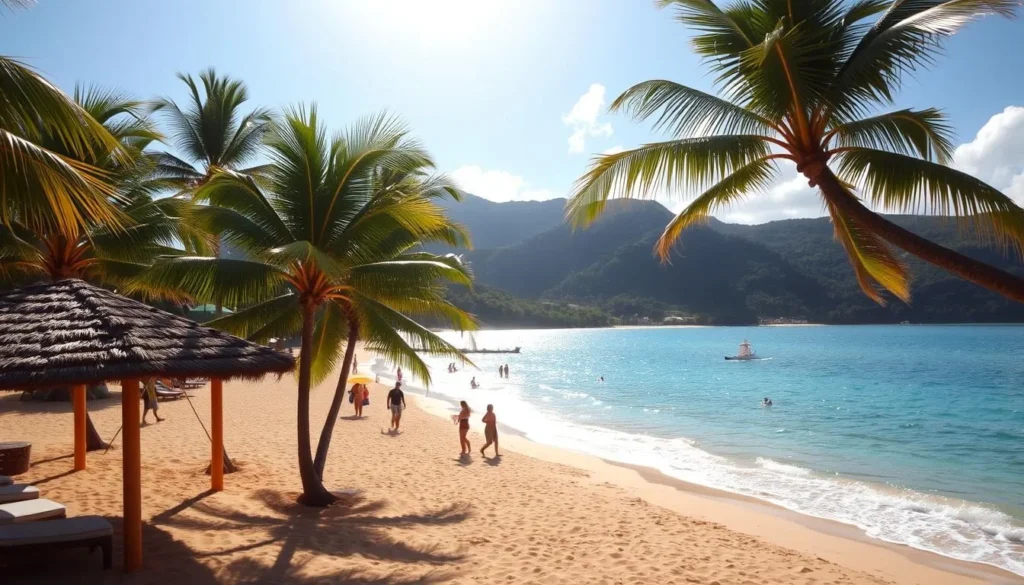 A sun-dappled tropical beach, the crystalline waters of Grande Anse lapping at the golden sand. In the foreground, a well-appointed beach facility with thatched-roof cabanas, sun loungers, and a tiki bar serving refreshing cocktails. Swaying palm trees frame the scene, casting gentle shadows. In the middle ground, beachgoers stroll along the water's edge, umbrellas and towels in hand. The background reveals lush, verdant hills rolling gently inland. Warm, diffused lighting bathes the entire tableau, creating a tranquil, inviting atmosphere perfect for a relaxing day at the beach. A sun-dappled tropical beach, the crystalline waters of Grande Anse lapping at the golden sand. In the foreground, a well-appointed beach facility with thatched-roof cabanas, sun loungers, and a tiki bar serving refreshing cocktails. Swaying palm trees frame the scene, casting gentle shadows. In the middle ground, beachgoers stroll along the water's edge, umbrellas and towels in hand. The background reveals lush, verdant hills rolling gently inland. Warm, diffused lighting bathes the entire tableau, creating a tranquil, inviting atmosphere perfect for a relaxing day at the beach.
