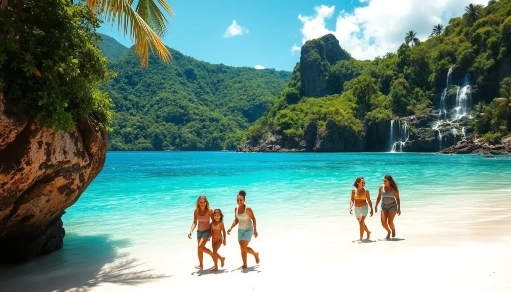A sun-dappled, tropical paradise in Ocho Rios, Jamaica. In the foreground, a family of four strolls along a pristine, white-sand beach, their laughter and joy radiating. In the middle ground, crystal-clear turquoise waters beckon, with vibrant coral reefs and schools of colorful fish visible just beneath the surface. The background showcases lush, verdant hills and towering, majestic waterfalls cascading over moss-covered rocks. The scene is bathed in warm, golden light, creating a serene and inviting atmosphere perfect for a family-friendly adventure.