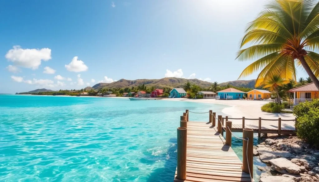 A sun-dappled, tropical paradise in the Bahamas. A crystalline azure sea laps against pristine white sand beaches, fringed by lush, swaying palms. In the foreground, a colorful wooden dock juts out into the tranquil waters, inviting exploration. The middle ground features a collection of vibrant, pastel-hued cottages and bungalows, their roofs tiled in terracotta. In the distance, rolling hills dotted with tropical foliage rise up, creating a picturesque backdrop. The scene is bathed in warm, golden light, casting a serene, relaxing atmosphere. Capture the essence of a perfect one-week itinerary in the Southern Islands, Bahamas.