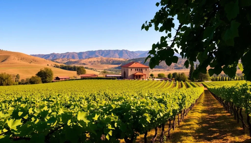 A sun-dappled vineyard nestled in the rolling hills of Napa Valley, California. In the foreground, rows of lush, verdant grapevines stretch out as far as the eye can see, their leaves gently rustling in the warm breeze. In the middle ground, a charming winery stands proud, its terracotta roof and stone walls bathed in the soft, golden light of the afternoon sun. Behind it, the distant peaks of the Mayacamas Mountains rise up, their rugged silhouettes framing the scene. The atmosphere is one of tranquility and relaxation, inviting the viewer to savor the beauty and serenity of this renowned wine country.
