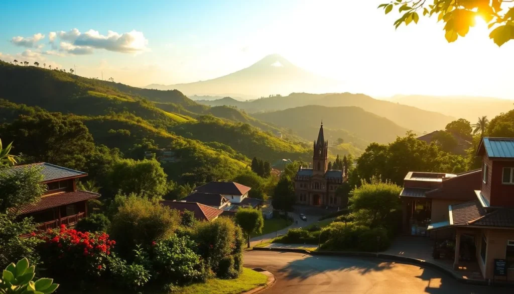 A sun-dappled weekend getaway in Tagaytay, Philippines. A scenic vista of lush rolling hills, punctuated by the majestic silhouette of Mount Taal volcano in the distance. In the foreground, a winding road flanked by vibrant, verdant foliage leads the eye towards a quaint, picturesque town nestled among the verdant landscape. Cozy cafes, charming boutiques, and historic landmarks dot the streets, inviting the weekend traveler to explore and immerse themselves in the region's unique culture and natural beauty. Warm, diffused lighting bathes the scene, creating a serene, inviting atmosphere that captures the essence of a rejuvenating Tagaytay escape.