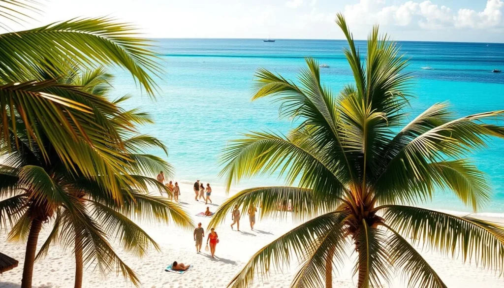 A sun-drenched Aruba beach with crystalline turquoise waters lapping against pristine white sand. In the foreground, swaying palm trees cast gentle shadows over a tranquil scene. The middle ground features beachgoers leisurely strolling or lounging on colorful towels, soaking up the warmth of the tropical sun. In the distance, the horizon is dotted with sailboats and yachts, creating a serene and picturesque atmosphere. The lighting is soft and diffused, conveying a sense of relaxation and island bliss. Capture the unique charm and natural beauty of this idyllic Caribbean destination. A sun-drenched Aruba beach with crystalline turquoise waters lapping against pristine white sand. In the foreground, swaying palm trees cast gentle shadows over a tranquil scene. The middle ground features beachgoers leisurely strolling or lounging on colorful towels, soaking up the warmth of the tropical sun. In the distance, the horizon is dotted with sailboats and yachts, creating a serene and picturesque atmosphere. The lighting is soft and diffused, conveying a sense of relaxation and island bliss. Capture the unique charm and natural beauty of this idyllic Caribbean destination.