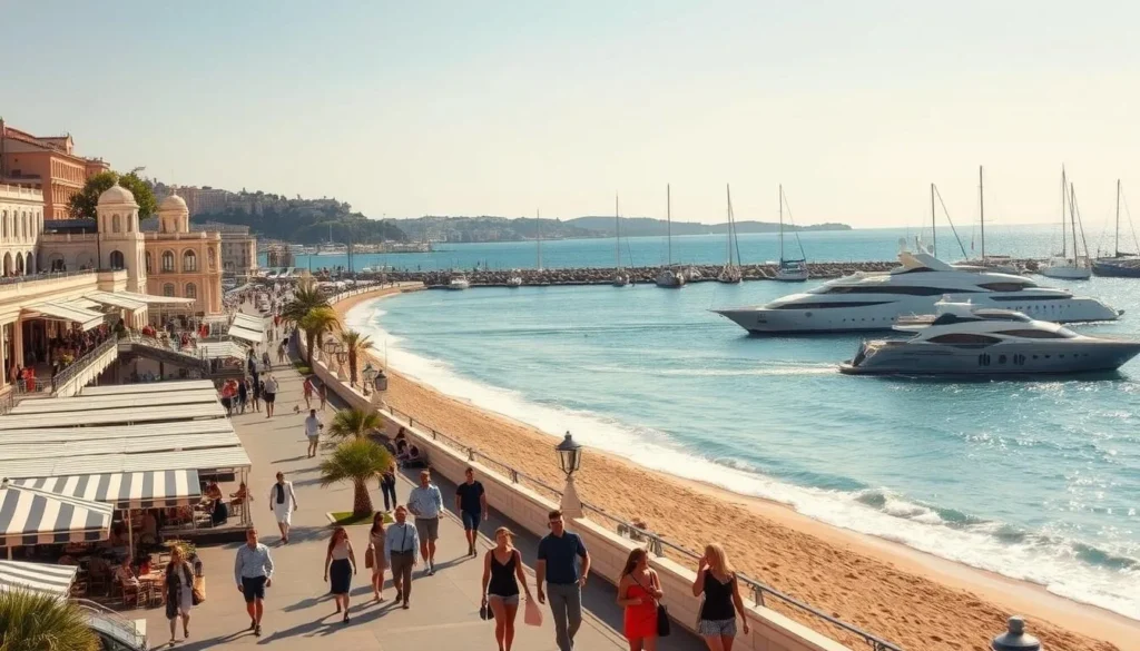 A sun-drenched Cannes promenade, the sparkling Mediterranean lapping at the golden sand. Elegant beachfront hotels and cafes line the bustling Croisette, their striped awnings casting playful shadows. Smartly dressed locals and tourists stroll leisurely, pausing to gaze at the iconic Palais des Festivals. Shimmering yachts dot the azure harbor, their masts swaying gently in the warm summer breeze. Overhead, a cloudless sky bathes the scene in a soft, golden glow, creating a mood of relaxed sophistication. Capture the essence of Cannes' vibrant summer charm, a timeless snapshot of this alluring Riviera destination.