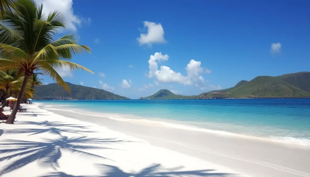 A sun-drenched Caribbean beach on the island of St. Kitts, Frigate Bay presents a tranquil scene. Soft white sands lead to crystalline turquoise waters, gently lapping at the shore. Coconut palms sway overhead, casting dappled shadows on the beach. In the distance, lush green hills rise up, creating a picturesque backdrop. A few beachgoers relax on lounge chairs, enjoying the warm tropical breeze. The scene exudes a serene, laid-back atmosphere, inviting visitors to unwind and soak in the beauty of this idyllic Caribbean setting.