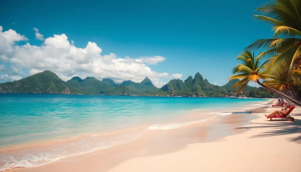A sun-drenched Caribbean beach on the island of St. Lucia. The crystal-clear turquoise waters of the Atlantic gently lap against the soft, golden sand. Swaying palm trees line the shore, casting gentle shadows. In the distance, lush, verdant hills rise up, creating a picturesque backdrop. A few beachgoers relax on loungers, sipping tropical drinks and soaking up the warm, island sun. The scene is suffused with a sense of tranquility and escape, perfect for a day of relaxation and rejuvenation. Capture this idyllic beach escape with a wide, cinematic lens that showcases the stunning natural beauty of St. Lucia.