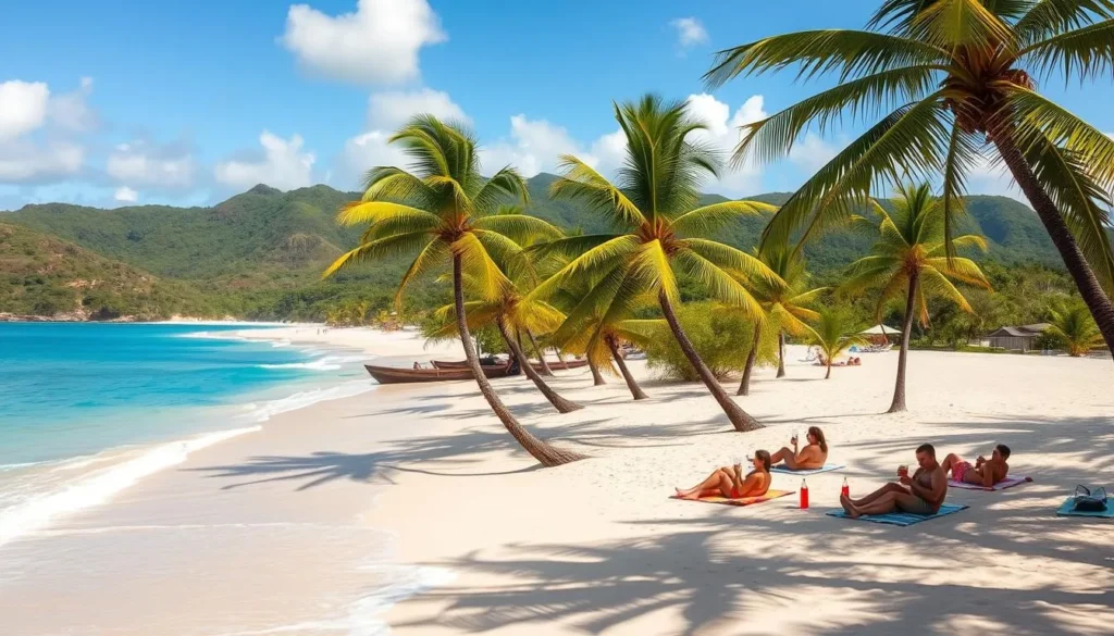 A sun-drenched Caribbean beach with soft, golden sand and crystalline turquoise waters lapping at the shore. Swaying palm trees provide dappled shade along the coastline. In the middle ground, beachgoers relax on colorful towels, sipping tropical drinks and soaking up the warm island atmosphere. In the distance, lush green hills rise up, creating a picturesque backdrop. The scene is bathed in a warm, golden light, captured with a wide-angle lens to showcase the tranquil, idyllic setting of Cockleshell Bay.
