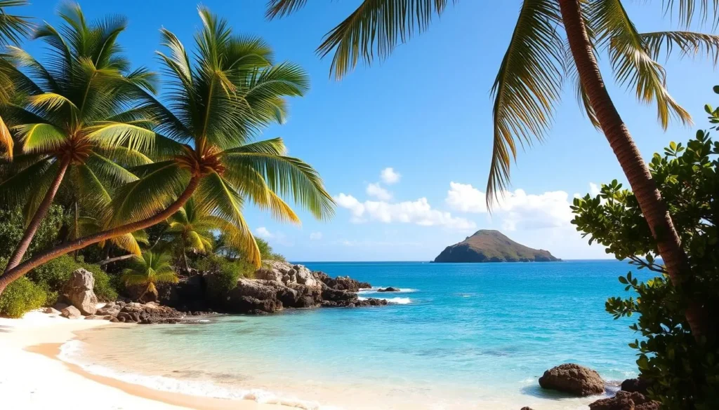 A sun-drenched Caribbean beach with soft white sand and turquoise waters lapping the shore. In the foreground, palm trees sway gently in the warm breeze. The middle ground showcases the natural beauty of the coastline, with rocky outcroppings and lush greenery framing the scene. In the distance, a picturesque headland juts into the tranquil sea, bathed in golden afternoon light. The overall atmosphere is one of serene, unspoiled tropical paradise, inviting the viewer to imagine themselves relaxing on this hidden gem of a beach.