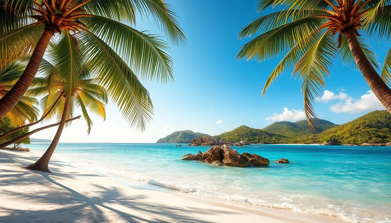A sun-drenched Caribbean island beach, with soft, white sand and gently lapping turquoise waves. In the foreground, palm trees sway in a light breeze, casting dappled shadows on the tranquil scene. The middle ground features a picturesque cove, sheltered by rocky outcroppings. In the distance, verdant hills rise up, creating a lush, tropical backdrop. The lighting is warm and golden, capturing the idyllic, relaxed atmosphere of this picturesque island paradise. Shoot with a wide-angle lens to showcase the expansive, panoramic view.