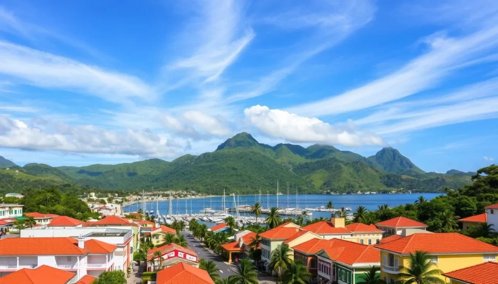 A sun-drenched Caribbean island landscape, with the vibrant colonial architecture of Basseterre in the foreground. Colorful buildings with red roofs and white walls line the bustling streets, leading towards a picturesque harbor filled with sailboats and yachts. In the middle ground, lush green hills and mountains rise up, their slopes dotted with palm trees and tropical foliage. The sky is a brilliant azure, with wispy clouds drifting overhead, casting soft, diffused lighting across the scene. The overall mood is one of tranquil charm and laid-back island life, inviting the viewer to explore the enchanting town and discover the natural beauty of St. Kitts.
