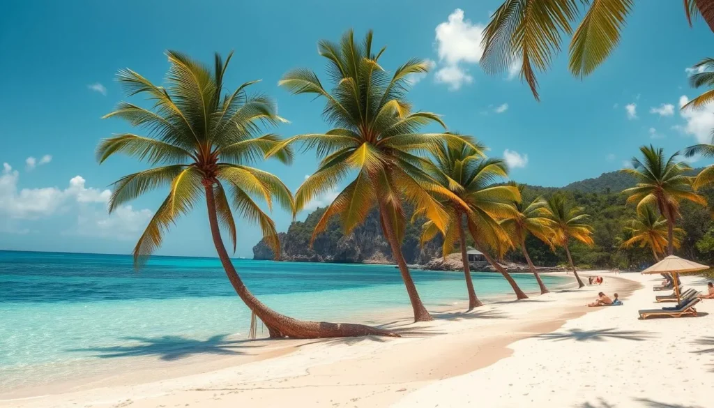 A sun-drenched Caribbean paradise, crystal-clear turquoise waters caress soft, golden sand beaches. Gently swaying palm trees cast soothing shadows over lounging beachgoers. In the middle distance, scenic seaside cliffs and lush tropical foliage create a serene, picturesque backdrop. Warm, diffused sunlight illuminates the tranquil scene, casting a peaceful, relaxing atmosphere. A wide-angle lens captures the expansive, inviting coastal landscape, drawing the viewer into this idyllic tropical oasis.