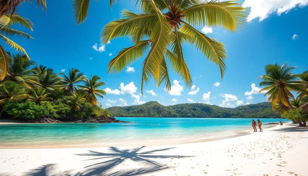 A sun-drenched Caribbean paradise, the pristine beaches of the Cayman Islands shimmer under azure skies. Crystal-clear turquoise waters caress powdery white sands, inviting visitors to bask in the warmth of the tropics. Lush palm trees sway gently, casting dappled shadows that dance across the tranquil shore. In the middle ground, a few beachgoers stroll leisurely, their silhouettes framed by the tranquil scene. The background showcases the verdant, hilly landscape, hinting at the lush inland beauty that awaits beyond the coastal haven. Capture the essence of this idyllic island paradise, where sun, sand, and sea converge in a breathtaking display of natural splendor.