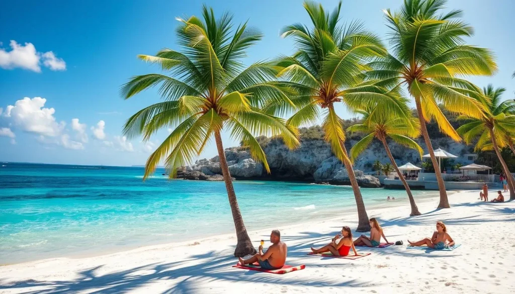 A sun-drenched Freeport beach, crystalline turquoise waters lapping against pristine white sand. Lush palm trees sway gently in the warm breeze, casting playful shadows across the tranquil scene. In the middle ground, beachgoers relax on colorful towels, sipping tropical drinks and soaking up the island atmosphere. The background features a dramatic rocky coastline, its rugged cliffs and coves hinting at the natural beauty that defines this Bahamian paradise. The lighting is soft and diffused, creating a serene, inviting ambiance that perfectly captures the relaxed essence of a day in Freeport.