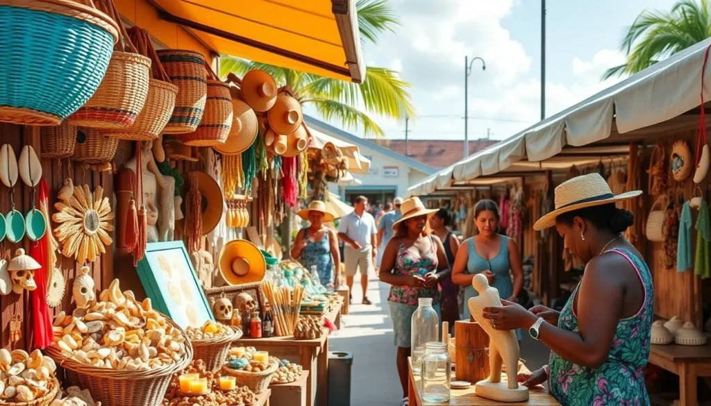 A sun-drenched Georgetown marketplace, stalls brimming with colorful Bahamian souvenirs. Vibrant handwoven baskets, conch shell trinkets, and intricate wood carvings. Beachcomber hats, shell-adorned jewelry, and coconut-scented candles. The warm island breeze carries the scent of spices and tropical fruits. A local artisan skillfully carves a figurine, as shoppers browse the eclectic array of island-inspired keepsakes. The scene is bathed in soft, natural lighting, capturing the laidback charm and authentic craftsmanship that define the shopping experience on Great Exuma.