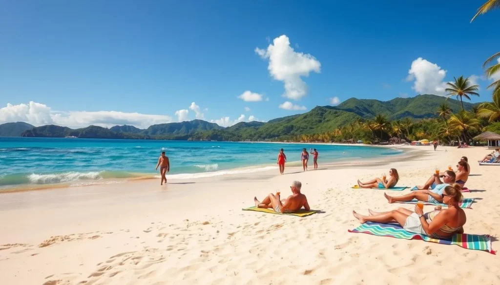 A sun-drenched Puerto Rican beach, with soft golden sand and swaying palm trees lining the shore. Crystal-clear turquoise waters gently lap against the coastline, inviting visitors to dive in and cool off. In the foreground, people lounge on colorful beach towels, sipping tropical drinks and soaking up the warm Caribbean sun. The middle ground features a few beachgoers strolling along the water's edge, their footprints leaving temporary marks in the sand. In the distance, lush green hills and mountains rise up, creating a picturesque backdrop to this idyllic seaside scene. The overall mood is one of relaxation, tranquility, and the pure enjoyment of a perfect day in paradise.
