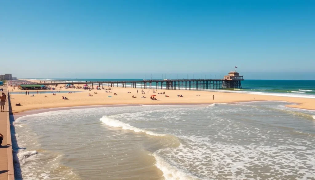 A sun-drenched Virginia Beach oceanfront, with crystalline waves lapping against a golden sandy shore. In the foreground, people stroll along the boardwalk, carrying beach towels and umbrellas. The middle ground features beachgoers relaxing on lounge chairs, soaking up the warm rays. In the background, the iconic Virginia Beach Fishing Pier stretches out into the sparkling Atlantic Ocean, under a cloudless azure sky. Capture the lively and carefree atmosphere of this quintessential East Coast beach destination, with a wide-angle lens and natural lighting to showcase the expansive, picturesque scene.