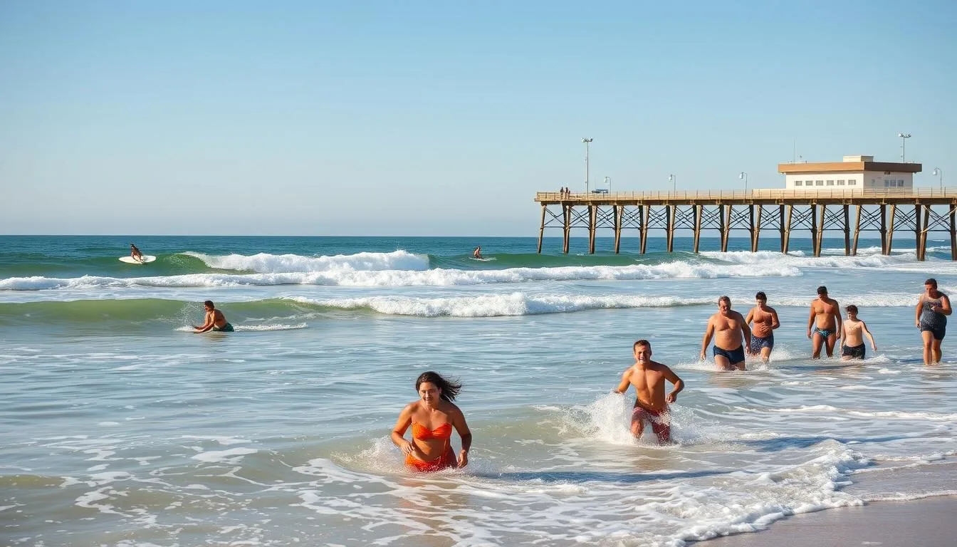 A sun-drenched afternoon at Huntington Beach, California. In the foreground, beachgoers frolic in the gentle waves, their laughter and joy palpable. The middle ground showcases surfers gliding effortlessly on the blue-green swells, their boards cutting through the water with grace. In the background, the iconic Huntington Beach Pier stretches out, its wooden planks and distinctive silhouette against a cloudless sky. The scene is bathed in warm, golden light, creating a sense of tranquility and relaxation. Capture the quintessential California beach lifestyle, where leisure, adventure, and natural beauty converge.