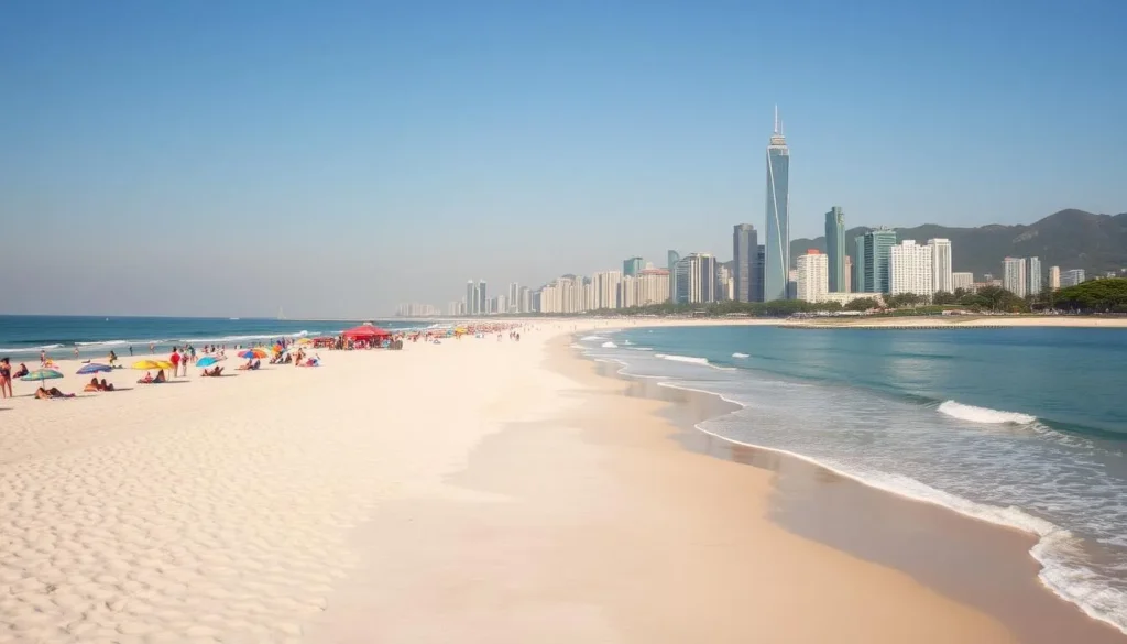 A sun-drenched beach along the coast of Shenzhen, China. Soft white sand stretches out, dotted with colorful umbrellas and beachgoers enjoying the warm, gentle waves lapping at the shore. In the middle ground, a few seaside cafes and shops line the promenade, their vibrant facades creating a lively, welcoming atmosphere. In the distance, the sleek, modern skyline of Shenzhen rises up, a stunning contrast to the tranquil, natural setting. The scene is bathed in golden afternoon light, casting a serene, idyllic mood over the entire landscape.