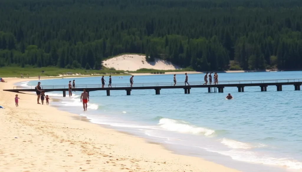 A sun-drenched beach along the crystal-clear waters of Lake Michigan in Frankfort, Michigan. The foreground showcases fine, golden sand dotted with families enjoying the warmth, some wading in the gentle waves. In the middle ground, a wooden pier extends into the lake, people strolling along its weathered planks. The background features lush, verdant dunes and a thick forest of evergreens, creating a serene and picturesque lakeside scene. The lighting is soft and natural, with a hazy, golden glow that sets a tranquil, relaxing mood. Capture this quintessential beach day in the heart of Michigan's beautiful Crystal Lake region.