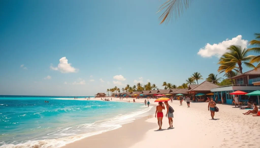 A sun-drenched beach in Anguilla, with azure waters lapping at the pristine white sand. In the foreground, people casually stroll along the shore, some carrying colorful beach umbrellas and towels. The middle ground showcases a row of vibrant beach bars and restaurants, their thatched roofs and brightly painted exteriors reflecting the island's laidback charm. In the distance, a row of palm trees sway gently in the ocean breeze, framing the picture-perfect scene. The image is bathed in warm, golden light, creating a serene and inviting atmosphere that captures the essence of Anguilla's best beach experiences.