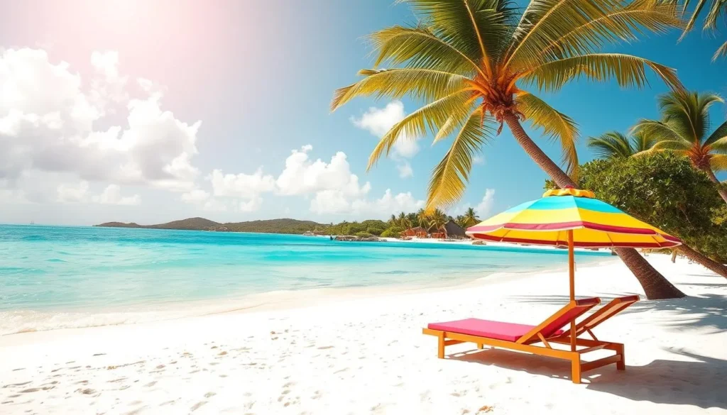 A sun-drenched beach in Anguilla, with crystalline turquoise waters lapping gently against the pristine white sand. In the foreground, a colorful beach umbrella casts a soothing shadow over a stylish chaise lounge, inviting relaxation. In the middle ground, palm trees sway gently in the warm breeze, their fronds casting dappled patterns on the ground. The background features a picturesque stretch of coastline, dotted with lush tropical foliage and the occasional thatched-roof beach hut. The scene is bathed in a soft, golden light, creating a tranquil and serene atmosphere, perfect for planning the ultimate Anguilla getaway.