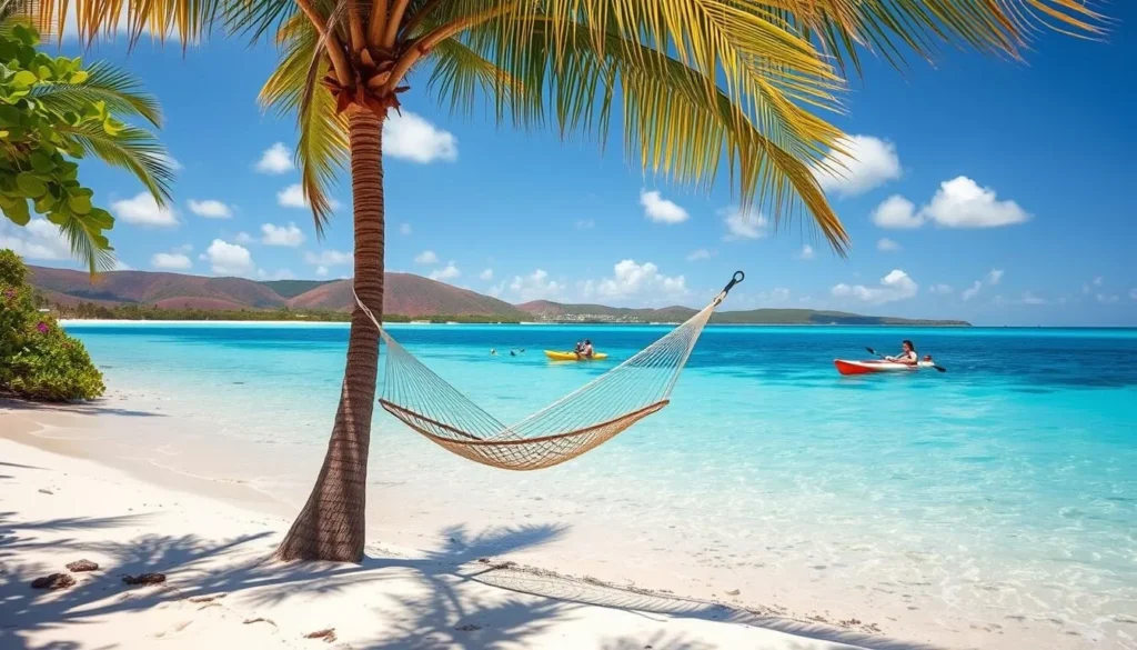 A sun-drenched beach on Eleuthera Island, Bahamas. Crystal-clear turquoise waters lap against white sand dotted with vibrant tropical foliage. In the foreground, a hammock sways gently between two palm trees, inviting visitors to relax and unwind. The middle ground features a group of people swimming, snorkeling, and kayaking, capturing the essence of an active Eleuthera vacation. In the background, rolling hills and azure skies create a serene, picturesque landscape. The scene is illuminated by soft, natural lighting, evoking a sense of tranquility and escape. This idyllic setting encapsulates the perfect tips for an unforgettable Eleuthera Island getaway.