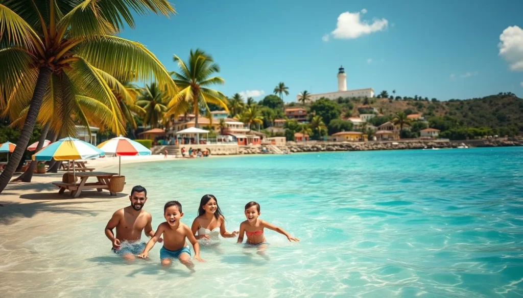 A sun-drenched beach on a tropical Southern Island, palm trees swaying gently in the breeze. In the foreground, a family of four plays in the crystal-clear turquoise waters, their laughter and delight captured in a warm, candid moment. The middle ground features a picnic area with vibrant umbrellas and woven baskets, surrounded by lush greenery. In the background, a scenic hillside dotted with colorful houses and a historic lighthouse overlooking the serene, sparkling sea. The scene exudes a sense of tranquility, adventure, and family bonding, inviting the viewer to imagine themselves immersed in the idyllic island life.