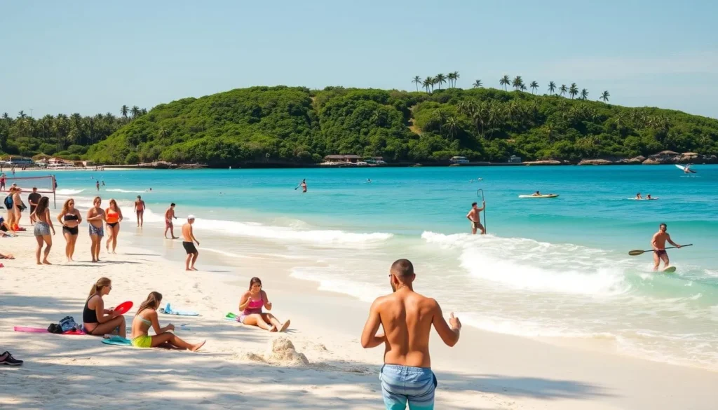 A sun-drenched beach on the Gold Coast, Queensland, with people enjoying various free and budget-friendly activities. In the foreground, groups of friends and families are playing beach volleyball, frisbee, and building sandcastles. The middle ground features people swimming, surfing, and stand-up paddleboarding in the crystal-clear turquoise waters. In the background, a lush green headland with palm trees frames the scene, creating a tropical, laidback atmosphere. The lighting is warm and natural, with a gentle breeze carrying the salty scent of the ocean. The overall mood is one of relaxation, fun, and appreciation for the beautiful natural environment.