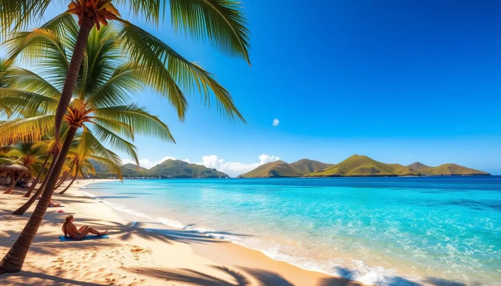A sun-drenched beach on the picturesque island of Antigua Barbuda, crystalline turquoise waters lapping at the golden sand. Swaying palm trees cast dappled shadows in the foreground, while in the middle ground, a group of people relax on beach towels, soaking up the warmth. The background features lush, verdant hills rolling gently into the horizon, a serene and tranquil scene. Bright, natural lighting bathes the entire landscape, creating a sense of warmth and relaxation. The overall mood is one of tranquility and escape, perfectly capturing the essence of a tropical island paradise.