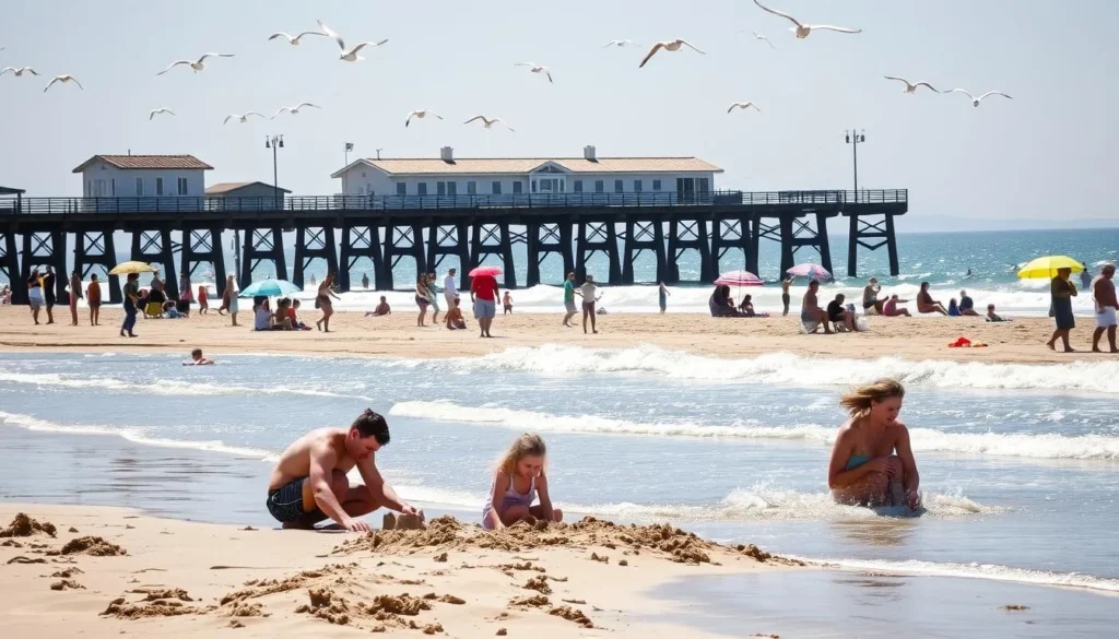 A sun-drenched beach scene in Huntington Beach, California. In the foreground, a family of four - parents and two children - building sandcastles and playing in the gentle waves. The middle ground showcases beachgoers enjoying a variety of activities, from frisbee tossing to picnicking under colorful umbrellas. The background features the iconic Huntington Beach Pier, its wooden planks stretching out into the sparkling Pacific Ocean. Seagulls soar overhead, while a warm, coastal breeze provides a soothing ambiance. The lighting is soft and natural, capturing the idyllic and family-friendly atmosphere of this quintessential California beach town.