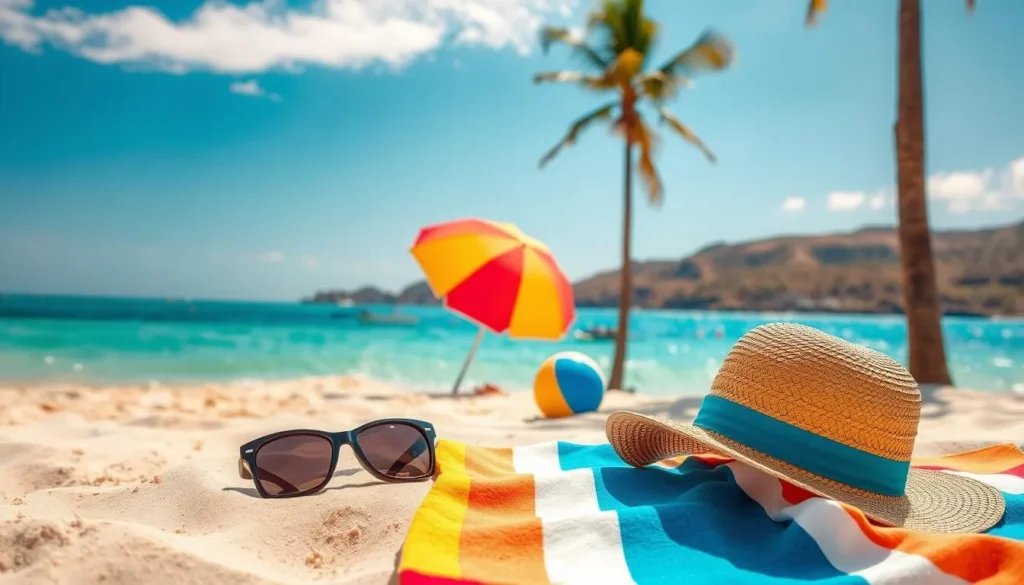 A sun-drenched beach scene with crystal-clear waters and soft, golden sand. In the foreground, a colorful beach towel, a pair of sunglasses, and a straw beach hat rest invitingly. In the middle ground, a vibrant beach umbrella casts a gentle shadow, and a playful beach ball sits nearby. In the background, palm trees sway gently, and a picturesque coastal landscape stretches out, bathed in warm, golden light. The overall atmosphere is one of relaxation, adventure, and the joyful embrace of a perfect beach day.