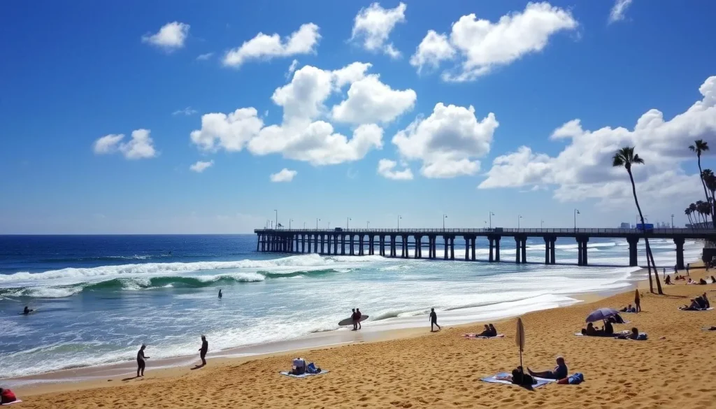 A sun-drenched beachfront in Hermosa Beach, California. In the foreground, pristine golden sands dotted with beach umbrellas and people relaxing on towels. Surfers catch waves in the turquoise ocean, their silhouettes backlit by the bright sun. In the middle ground, the iconic Hermosa Beach pier stretches out into the distance, its wooden planks and railings casting interesting shadows. Behind it, palm trees sway gently in the ocean breeze, framing the scene. The sky is a brilliant blue, with fluffy white clouds drifting overhead, creating a tranquil, serene atmosphere. Capture the laidback, beachy vibe of this charming California coastal town.