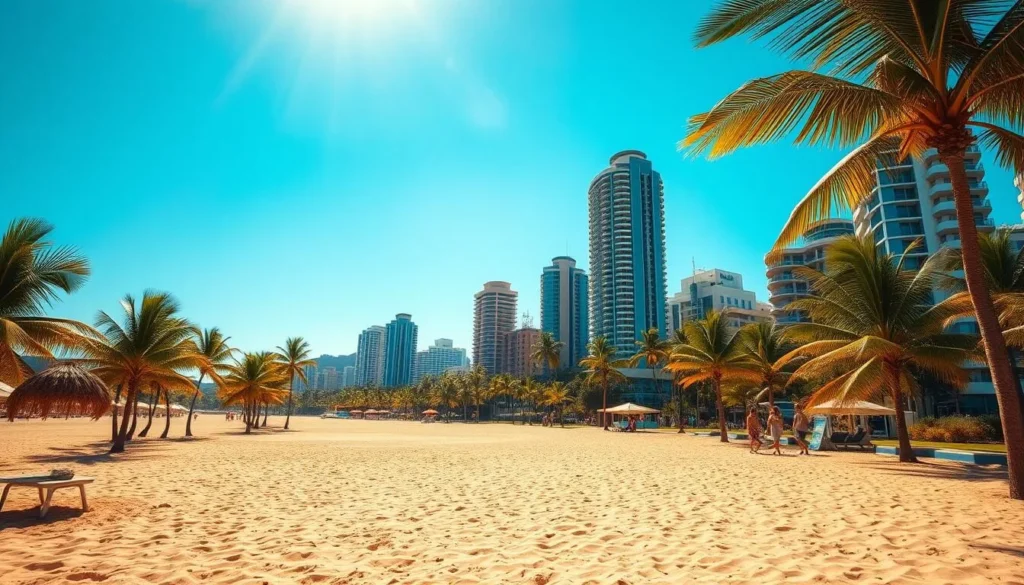 A sun-drenched beachfront in the heart of the Gold Coast, Australia's premier vacation destination. In the foreground, golden sands and swaying palm trees create a tranquil, tropical ambiance. In the middle ground, modern high-rises and luxurious resorts reflect the region's cosmopolitan allure. The background showcases the iconic Surfers Paradise skyline, with skyscrapers reaching towards a cloudless azure sky. Warm, golden light bathes the scene, evoking a sense of relaxation and adventure. Capture the essence of the Gold Coast's vibrant beaches, world-class attractions, and laidback coastal lifestyle.