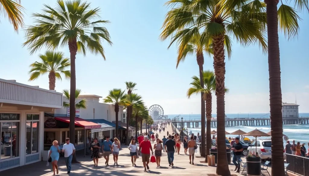 A sun-drenched beachfront promenade in Hermosa Beach, California. Palm trees sway gently in the warm Pacific breeze, casting soft shadows on the bustling sidewalk below. Families stroll past charming boutiques and cafes, stopping to admire the stunning ocean views. In the distance, the iconic Hermosa Beach Pier extends into the sparkling azure waters, a hub of activity with fishermen, joggers, and sightseers. The scene is bathed in a golden glow, creating a welcoming, laidback atmosphere that captures the essence of this vibrant South Bay community.