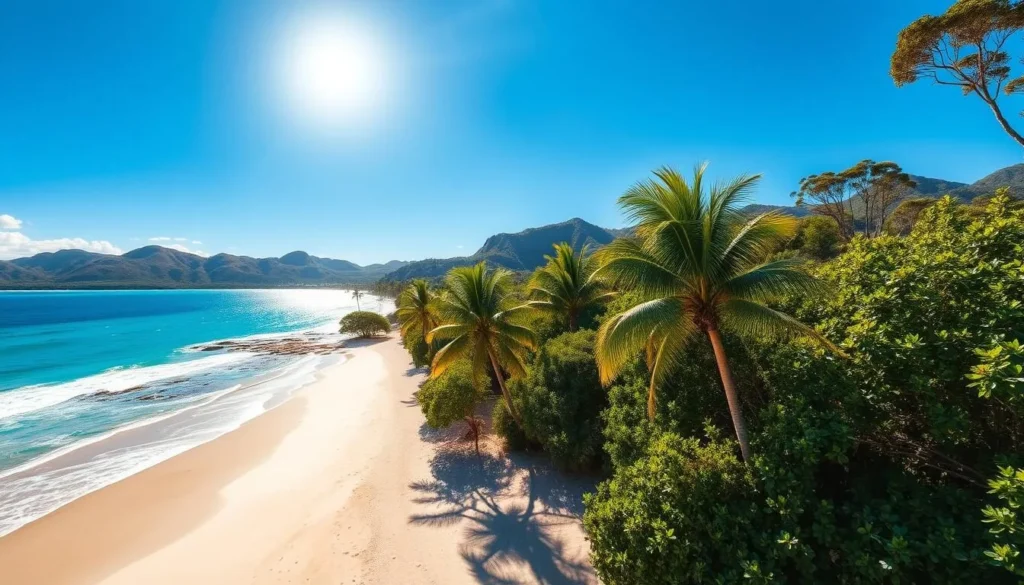 A sun-drenched coastal landscape along the Sunshine Coast of Queensland, Australia. A pristine sandy beach flanked by lush, swaying palm trees and dense, verdant foliage. In the distance, rugged, rolling hills dotted with eucalyptus trees and shimmering under a bright, golden sun. Crystalline azure waters of the Pacific Ocean lap gently against the shore, reflecting the boundless sky above. A serene, tranquil scene exuding a sense of unspoiled natural beauty and relaxation. Capture this picturesque coastal paradise with a wide-angle lens, showcasing the harmony between land, sea, and sky.