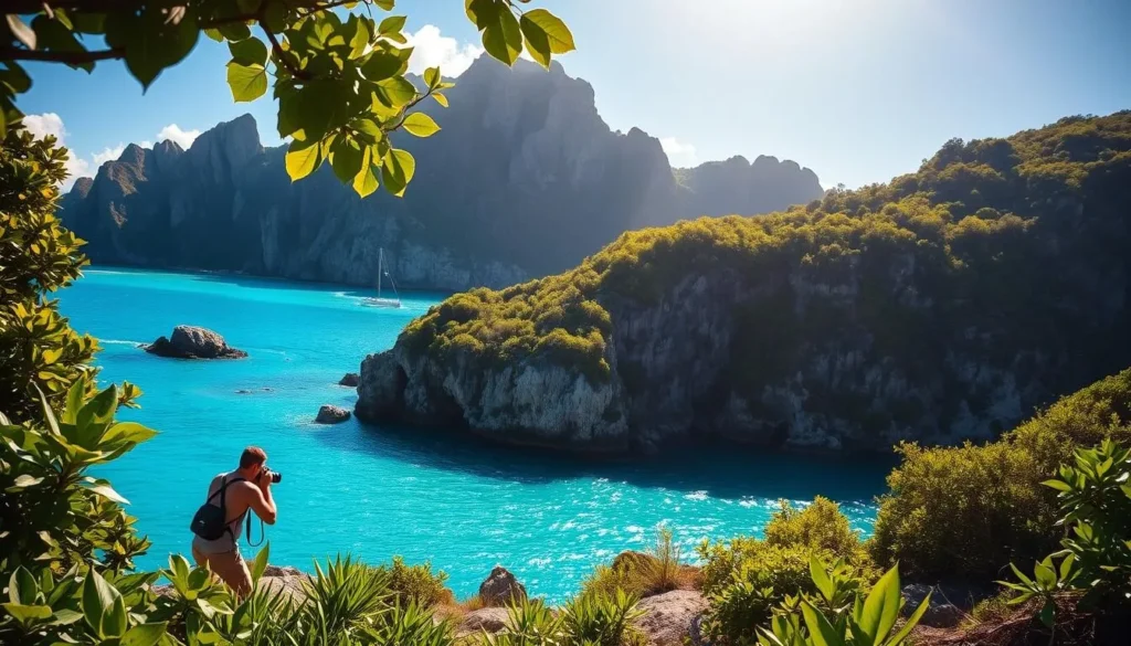 A sun-drenched coastline on the crystalline waters of Buck Island, British Virgin Islands. Lush, verdant foliage frames the scene, with dramatic rocky cliffs rising in the background. In the foreground, a lone photographer kneels, their camera poised to capture the breathtaking vistas. Warm, golden light bathes the landscape, casting long shadows and highlighting the vibrant colors. The tranquil atmosphere invites the viewer to immerse themselves in the natural beauty of this tropical paradise, a true photographer's haven.