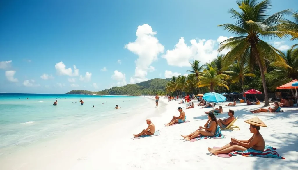 A sun-drenched day at Grande Anse Beach, Martinique. Pristine white sand and crystalline turquoise waters stretch out under a cloudless sky. In the foreground, groups of people leisurely sunbathe, their tanned bodies glistening. Vibrant beach umbrellas and towels dot the scene, creating pops of color. The middle ground features swimmers and snorkelers exploring the shallow, calm waves. Lush, verdant palm trees line the background, swaying gently in the warm Caribbean breeze. The overall atmosphere exudes a sense of tranquility and relaxation, perfectly capturing the essence of a quintessential beach day. A sun-drenched day at Grande Anse Beach, Martinique. Pristine white sand and crystalline turquoise waters stretch out under a cloudless sky. In the foreground, groups of people leisurely sunbathe, their tanned bodies glistening. Vibrant beach umbrellas and towels dot the scene, creating pops of color. The middle ground features swimmers and snorkelers exploring the shallow, calm waves. Lush, verdant palm trees line the background, swaying gently in the warm Caribbean breeze. The overall atmosphere exudes a sense of tranquility and relaxation, perfectly capturing the essence of a quintessential beach day.