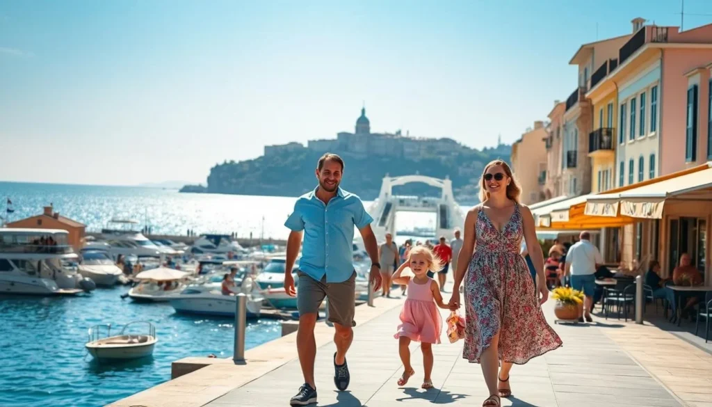 A sun-drenched day in the picturesque coastal town of Saint-Tropez, France. In the foreground, a family of four - parents and two young children - strolling along the charming promenade, taking in the sights and sounds of the bustling harbor. The middle ground features brightly colored buildings, outdoor cafes, and people enjoying the lively atmosphere. In the background, the shimmering Mediterranean Sea and the iconic silhouette of the Citadel stand as a breathtaking backdrop. The lighting is soft and warm, casting a golden glow over the scene, capturing the family's sense of wonder and joy as they experience the vibrant, family-friendly activities that Saint-Tropez has to offer.