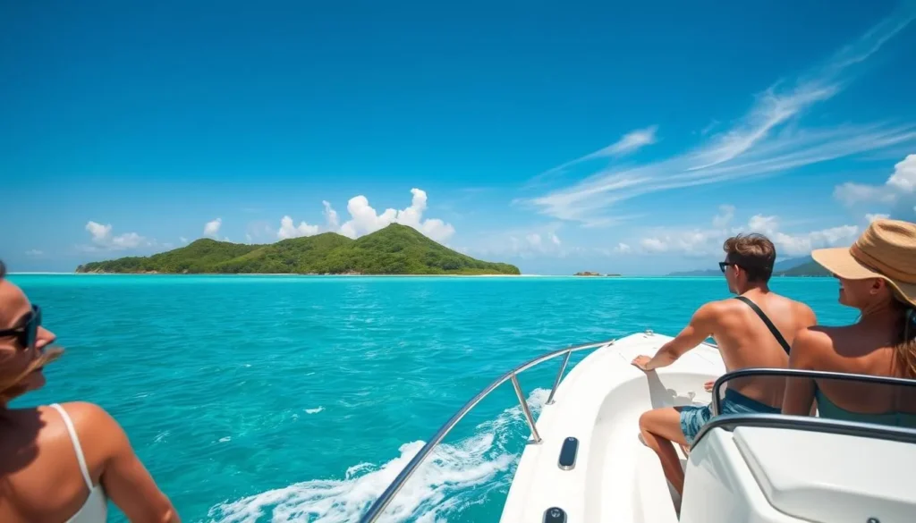 A sun-drenched day on the crystalline waters of Buck Island, British Virgin Islands. In the foreground, a group of friends aboard a sleek, white motorboat, basking in the warmth of the Caribbean sun. The middle ground showcases the lush, verdant island, its hills rolling gently towards the shore. In the background, the azure sky is dotted with wispy clouds, reflecting the tranquil mood of the scene. The lighting is soft and natural, casting a warm glow over the entire tableau. Capture the essence of a perfect day trip to this tropical paradise, where adventure and relaxation blend seamlessly.
