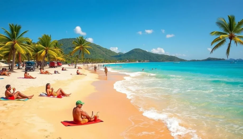 A sun-drenched day on the golden sands of Montego Bay beach, Jamaica. Gentle waves caress the shoreline as palm trees sway in the warm breeze. Beachgoers relax on colorful towels, sipping tropical drinks and enjoying the tranquil scene. In the distance, lush green hills rise up, creating a picturesque backdrop. The clear turquoise waters shimmer under the bright Caribbean sun, inviting visitors to take a refreshing dip. A serene, laid-back atmosphere pervades the scene, capturing the essence of Montego Bay's budget-friendly charm.