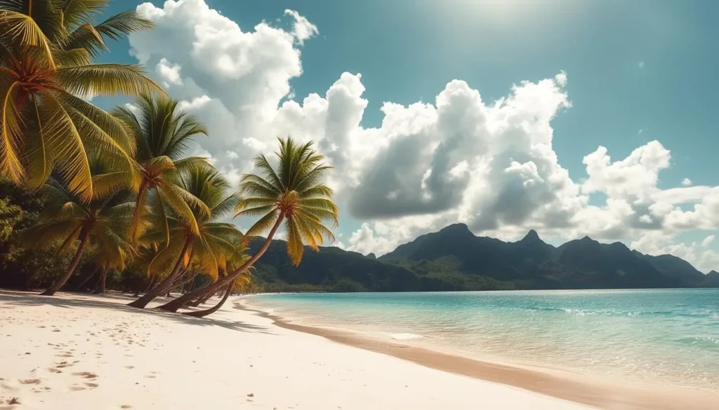 A sun-drenched, idyllic beach on Sabtang Island, Philippines. In the foreground, fine white sand gently slopes towards the glistening, turquoise waters of the Pacific Ocean. Swaying palm trees provide a lush, tropical backdrop, their fronds casting playful shadows across the scene. Fluffy, cumulus clouds drift lazily overhead, diffusing the warm, golden sunlight and creating a tranquil, serene atmosphere. In the distance, rugged, volcanic cliffs rise up, adding depth and drama to the landscape. The overall mood is one of relaxation, natural beauty, and the pure enjoyment of a perfect beach day.