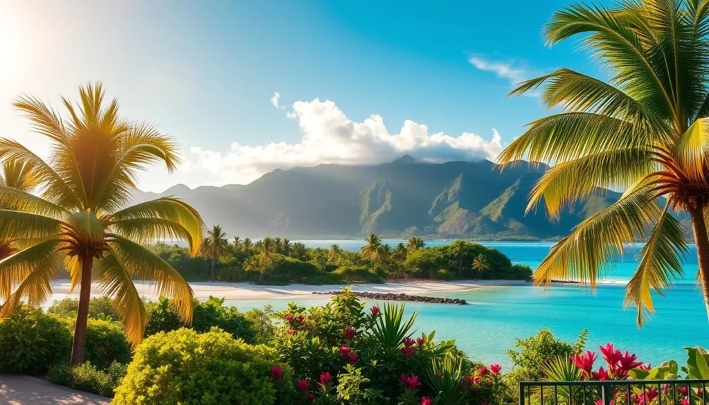 A sun-drenched island landscape, showcasing the captivating beauty of Guam. In the foreground, a tranquil beach scene with swaying palm trees, turquoise waters, and pristine white sand. The middle ground features vibrant tropical foliage, lush greenery, and colorful flowers. In the background, majestic mountains rise, their peaks shrouded in wispy clouds. The lighting is warm and natural, casting a golden glow over the entire scene. The image conveys a sense of serenity, adventure, and the perfect balance of relaxation and exploration that a 3-day Guam itinerary would offer.